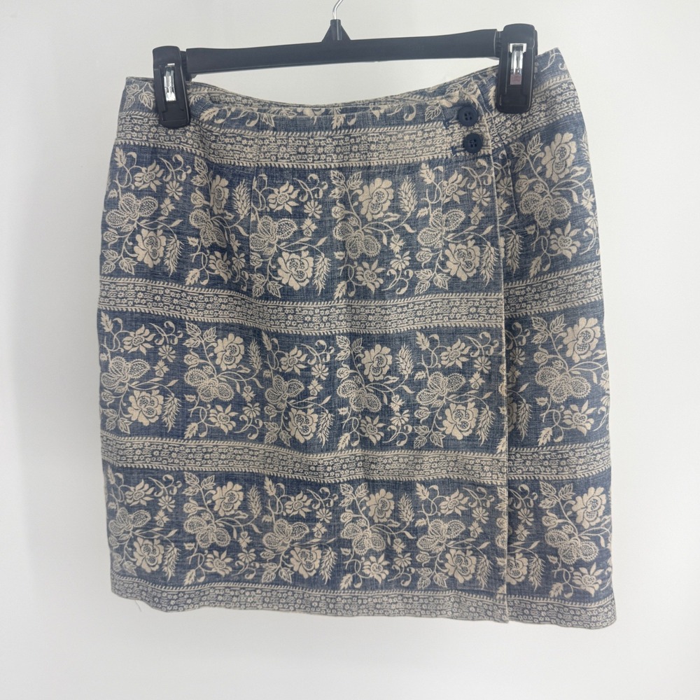 Charter Club Petite Blue Floral 100% Linen Wrap Mini Skirt 8P Cottagecore Vtg